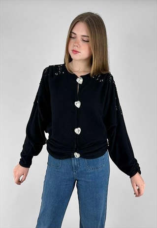 80's Vintage Black Batwing Embellished Ladies Jumper