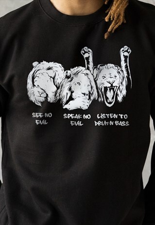 DRUM AND BASS LION SPEAK NO EVIL SWEATSHIRT BLACK JUMPER MEN