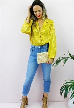 VINTAGE 80'S RETRO YELLOW SATIN COLLAR SHIRT BLOUSE TOP