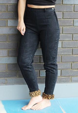VINTAGE 1990S STRETCH JEANS WITH FAUX FUR LEOPARD TRIMS