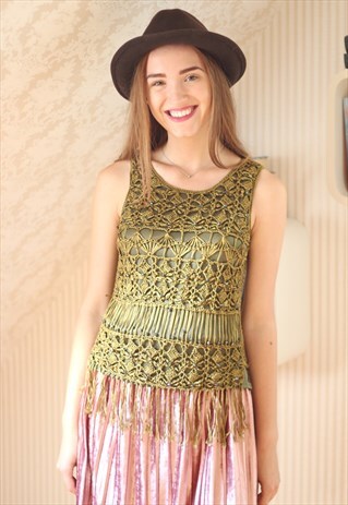 KHAKI GREEN CROCHET VEST TOP