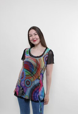 Y2k multicolor blouse, 00s abstract blouse sheer sleeves 