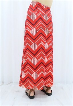 60s Vintage Red Abstract Maxi Skirt (Size S)