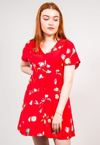 VINTAGE 90'S RED FLORAL PRINT SHORT SLEEVE MINI DRESS