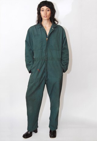 VINTAGE WORK COVERALLS (XL / 2XL) GREEN JUMPSUIT RACING CAR