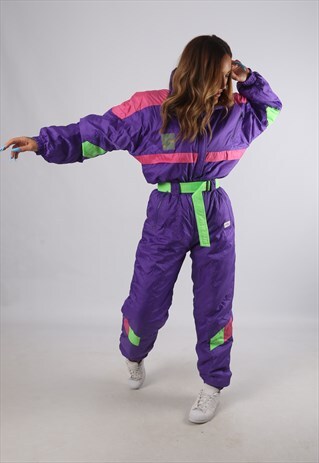 VINTAGE FULL SKI SUIT SNOW SPORTS NEON L 14 (K94V)
