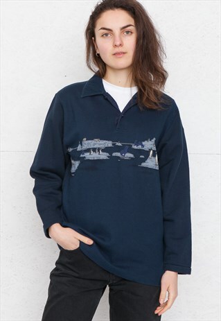 VINTAGE NAVY PIERRE CARDIN POLO NECK PULLOVER SWEATSHIRT