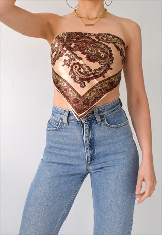 GORGEOUS SATIN PEACH PAISLEY SCARF HANDKERCHIEF TOP