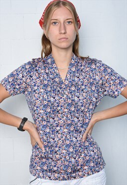 Vintage 60s retro floral printed v-neck blouse shirt top 