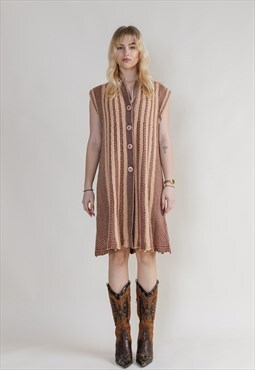 Vintage 70s Boho Vertical Brown Sleeveless Knit Vest Dress