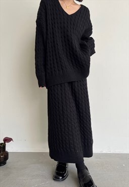 Black Relaxed Fit Jumper Midi Skirt Set knitted Knitwear 
