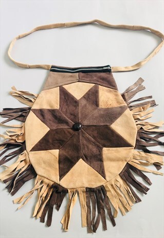 70'S LADIES VINTAGE BAG SOFT SUEDE BROWN PATCHWORK FRINGED