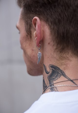 HOOP HANGING ANGEL FEATHER WING EARRING - SILVER