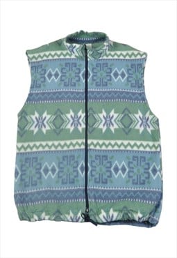 Vintage Fleece Vest Jacket Retro Pattern Blue/Green Medium