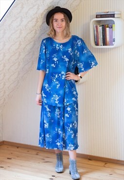 Blue pleated floral two layers dress
