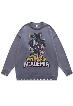Academia sweater knitted distressed Anime print jumper grey