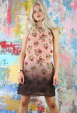 MINI DRESS IN VINTAGE FLOWER DIP DYE CUT AWAY SHOULDERS