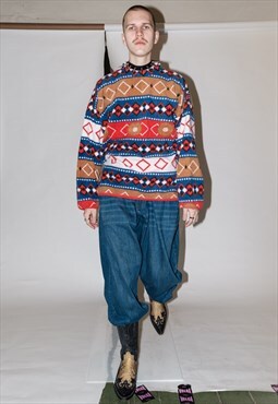 90's Vintage geometric Nordic print warm fleece jumper