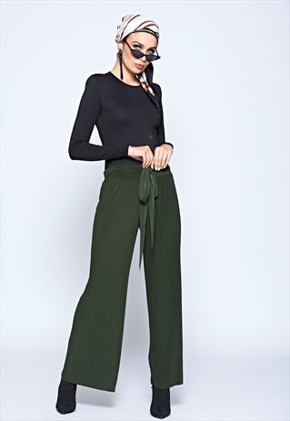 KHAKI WIDE LEG PLEATED TROUSERS WITH BELT FASTENING