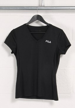 Vintage Fila T-Shirt in Black V-Neck Sport Running Tee Small