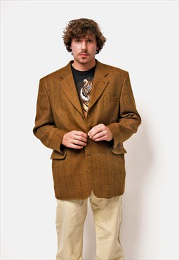 Vintage wool blazer brown mens jacket Checkered plaid preppy