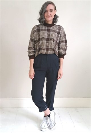 VINTAGE 80'S BROWN CHECKED LIGHTWEIGHT JUMPER