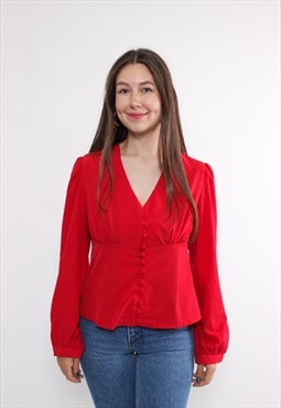 90s v-neck cocktail blouse in red, vintage puff sleeve crop 