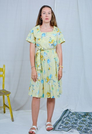 SUMMER DRESS VINTAGE FLORAL YELLOW SHORT SLEEVE PRAIRIE L/XL