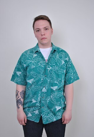 80S GREEN HAWAI SHIRT, VINTAGE SHORT SLEEVE FLORAL SHIR