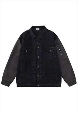 Faux leather sleeves denim jacket gorpcore bomber punk coat