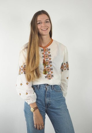 VINTAGE ORANGE FOLK TOP BLOUSE