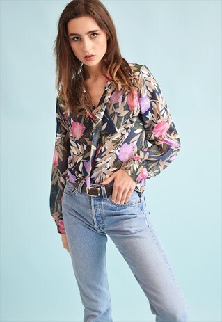 90'S RETRO FLORAL PRINT SHEER OVERSIZED MOMS BLOUSE TOP