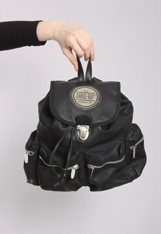 VINTAGE 90S BLACK FAUX LEATHER BACKPACK RUCKSACK
