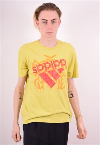 ADIDAS MENS VINTAGE T-SHIRT TOP MEDIUM YELLOW 90S