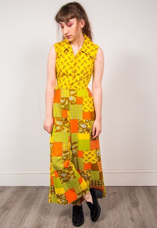 VINTAGE 70'S YELLOW ABSTRACT PAISLEY PATTERN JUMPSUIT