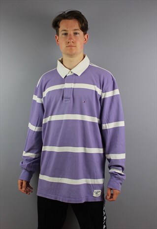 VINTAGE TOMMY HILFIGER RUGBY POLO SHIRT IN PURPLE AND WHITE