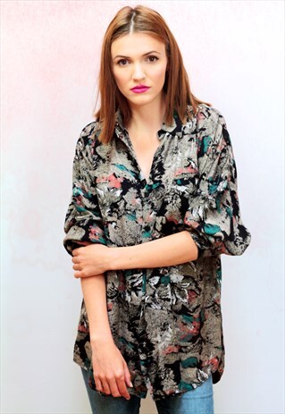 1990S VINTAGE GREY WITH ORANGE OVERSIZED VISCOSE SHIRT