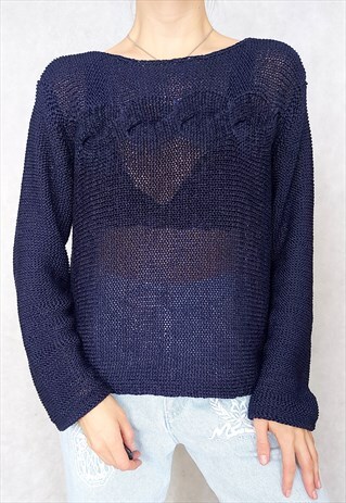 Vintage Navy Blue Knitted Sheer Pullover, Medium - Large