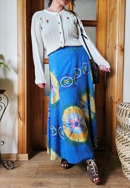 90s retro blue handmade batik tie dye minimalist long skirt