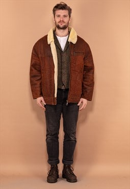Vintage 90's Men Distressed Sheepskin Coat in Brown