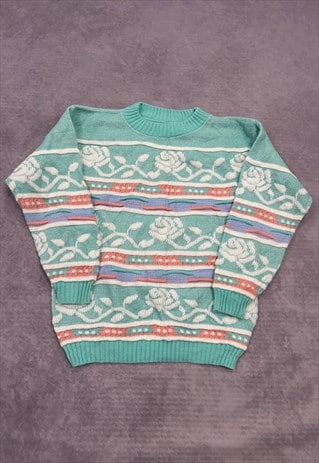 VINTAGE KNITTED JUMPER ABSTRACT FLOWER 3D PATTERNED SWEATER