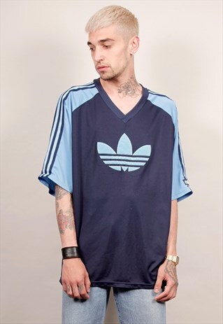 VINTAGE 90'S ADIDAS OVERSIZED BLUE V-NECK LOGO T-SHIRT