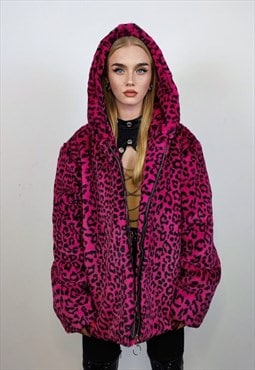 Hooded faux fur leopard jacket animal print bomber in pink