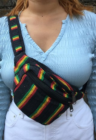 BLACK RASTA WOVEN BUM BAG FANNY PACK