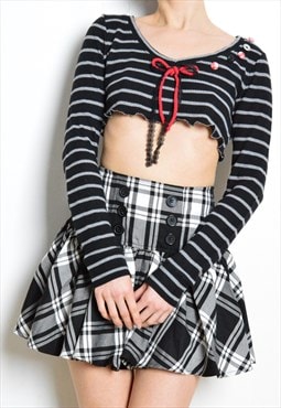 Y2K Reworked Black Grey Striped Lace Bow Micro Crop Top