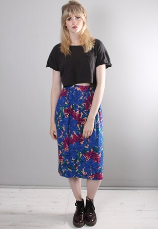 VINTAGE 80S BLUE FLORAL PATTERN MIDI SKIRT
