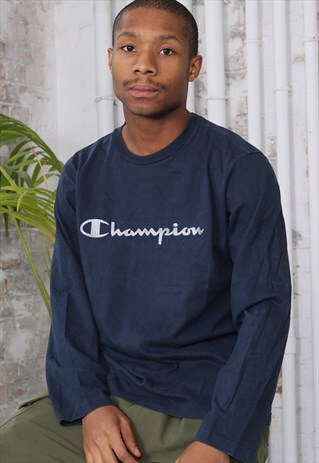 VINTAGE CHAMPION BIG LOGO SPELLOUT LONG SLEEVE T-SHIRT NAVY