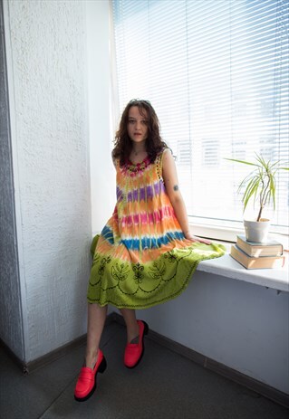 VINTAGE 70'S MULTICOLOUR TIE DYE BOHEMIAN MIDI DRESS