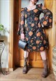 70S BLACK & ORANGE FLORAL MINIMALIST FLARE SLEEVE MIDI DRESS