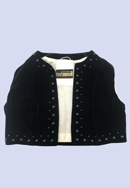 Vintage Black Velvet Studded Waistcoat Cropped Boho Rock
